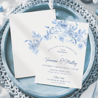 70th Birthday Party Dusty Blue Floral Invitation