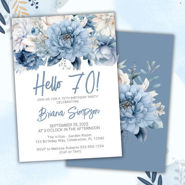 70th Birthday Party Dusty Blue Floral Invitation (Creator Uploaded)