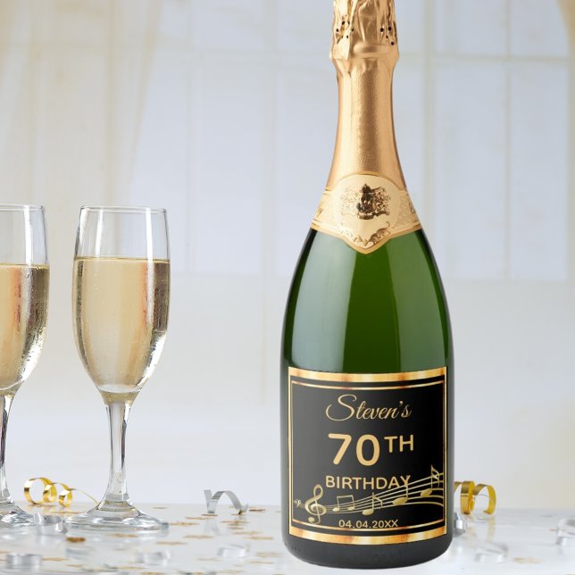 70th birthday party elegant black and gold music sparkling wine label (Creator Uploaded)