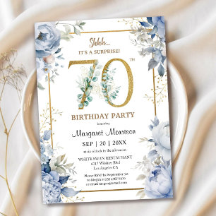 70th Birthday Party Elegant Dusty Blue Floral Invitation