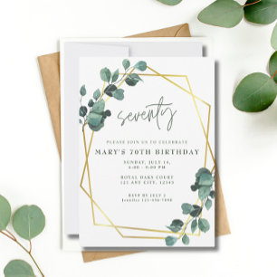 70th Birthday Party Eucalyptus Greenery Gold Invitation