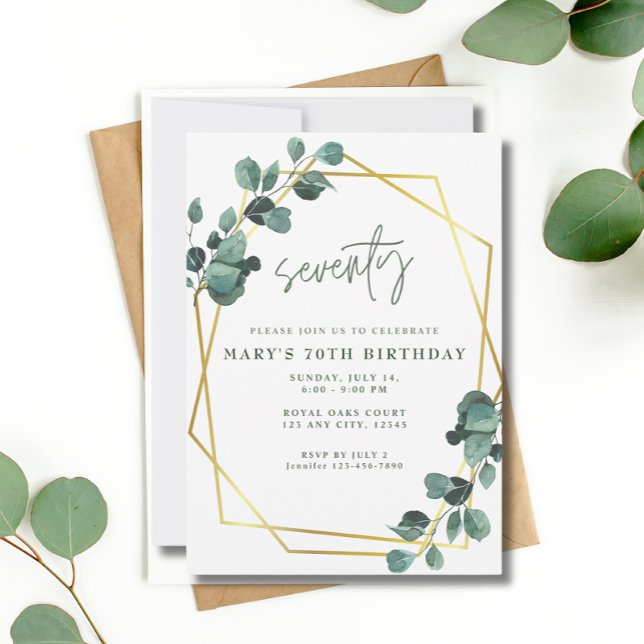 70th Birthday Party Eucalyptus Greenery Gold Invitation (Creator Uploaded)