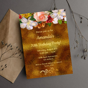 70th birthday party faux gold foil and flowers invitation