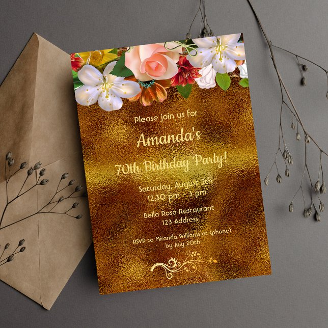 70th birthday party faux gold foil and flowers invitation (Creator Uploaded)