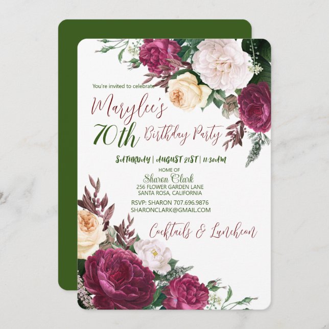 70th Birthday Party Floral Design Birthday Invitat Invitation (Front/Back)