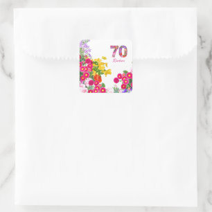 70th birthday party floral flowers bouquet square sticker