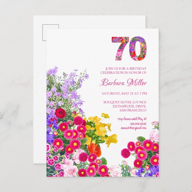 70th birthday party floral invitation postcard (Front/Back)