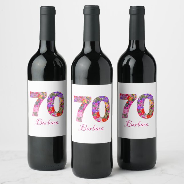 70th birthday party floral pink purple wine labels (Bottles)