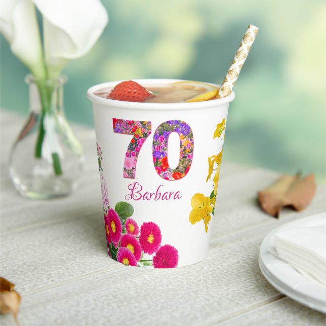 70th birthday party flower bouquet paper cups (Insitu)