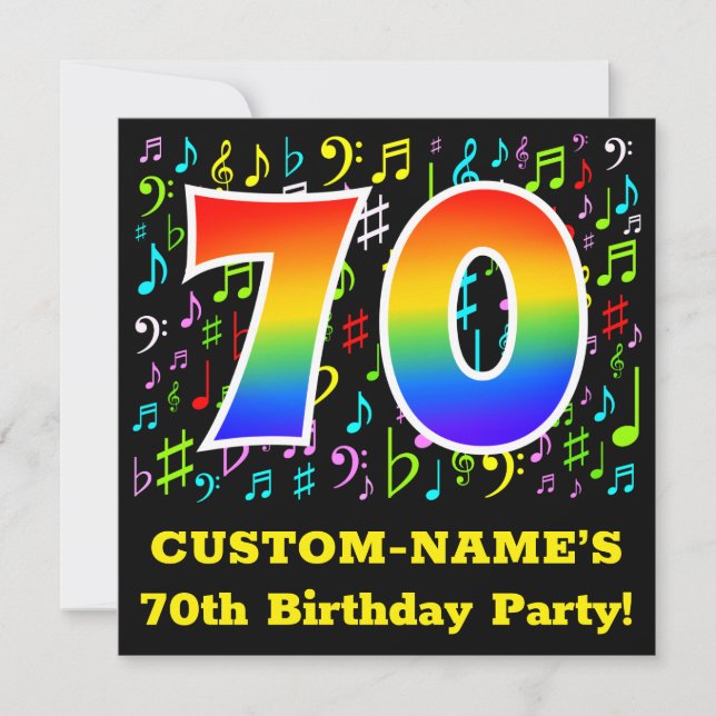 70th Birthday Party: Fun Music Symbols, Rainbow 70 Invitation (Front)
