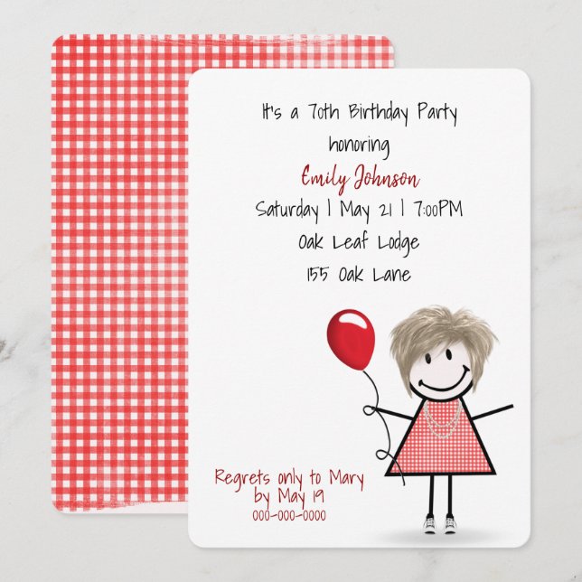 70th Birthday Party Girl with Red Balloon   Invitation (Front/Back)