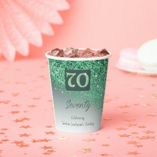 70th Birthday Party Gleaming Green Glitter Paper Cups