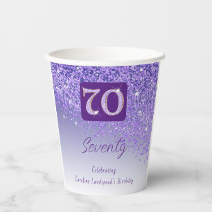 70th Birthday Party Gleaming Purple Glitter Paper Cups