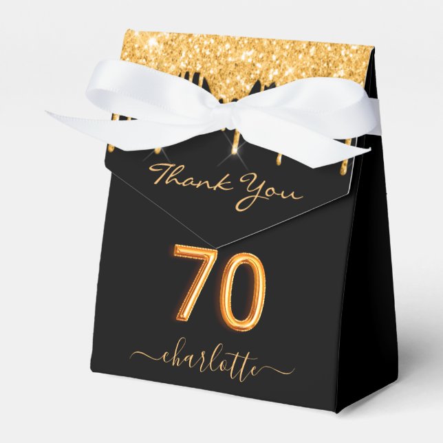 70th birthday party glitter black gold sparkle favour box (Front Side)