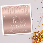 70th Birthday Party Glitter Rose Gold Napkin<br><div class="desc">Elegant and chic personalised 70th birthday party napkins featuring "70 & Fabulous" written in a pretty white script against a rose gold background,  with rose gold faux glitter dripping from the top. You can personalise with her name and date of the party.</div>