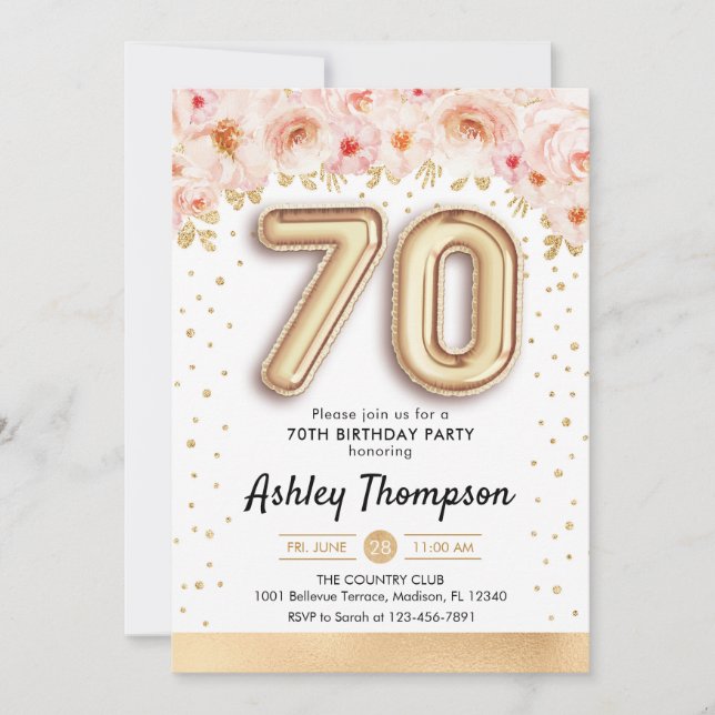 70th Birthday Party - Gold Balloons Invitation (Front)