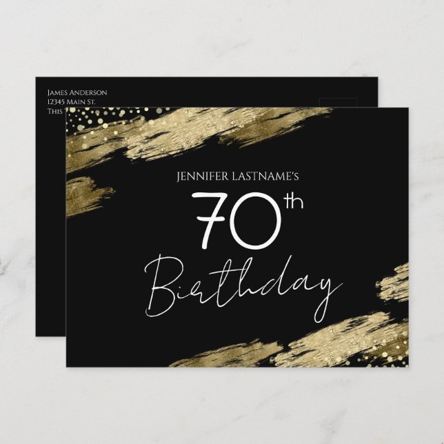 70th Birthday Party Gold Black Invitation Postcard (Front/Back)