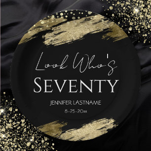 70th Birthday Party Gold Black Look Who's Paper Plate