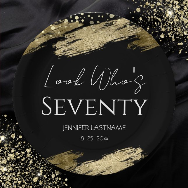 70th Birthday Party Gold Black Look Who's Paper Plate (Creator Uploaded)