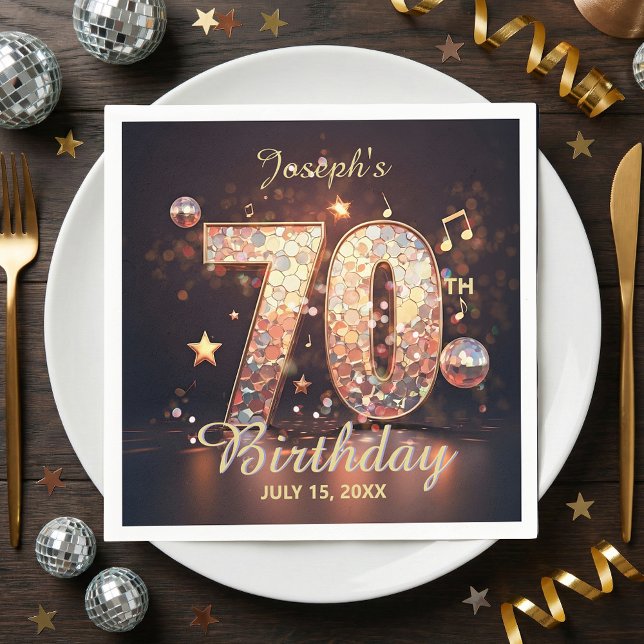 70th Birthday Party Gold Disco Music Notes Black Napkin (Creator Uploaded)