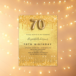 70th birthday party gold glitter drips invitation postcard