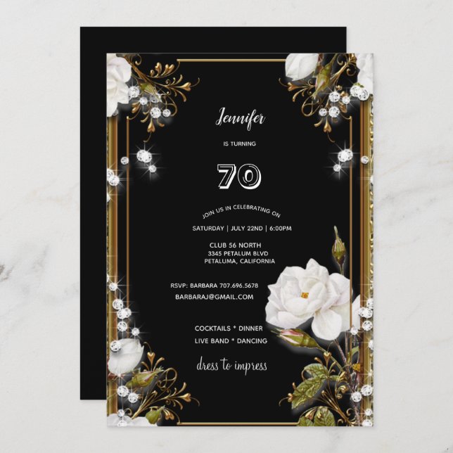 70th Birthday/Party Gold Ornate Frame White Flower Invitation (Front/Back)