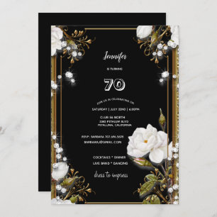 70th Birthday/Party Gold Ornate Frame White Flower Invitation