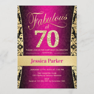 70th Birthday Party - Gold Pink Black Invitation
