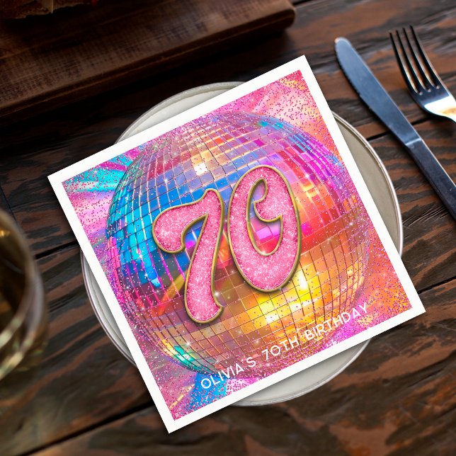 70th Birthday Party Gold Pink Glitter Disco Ball Napkin (Creator Uploaded)
