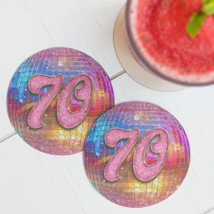 70th Birthday Party Gold Pink Glitter Disco Ball Round Paper Coaster