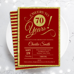 70th Birthday Party - Gold Red ANY AGE Invitation