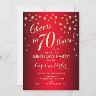 70th Birthday Party - Gold Red Invitation