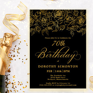 70th Birthday Party Gold Rose Floral Black Invitation