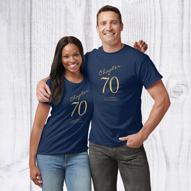70th Birthday Party Gold Script Blue T-Shirt (Creator Uploaded)