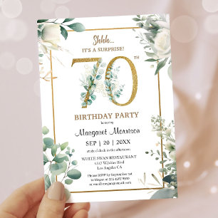 70th Birthday Party Gold Watercolor Greenery Invitation