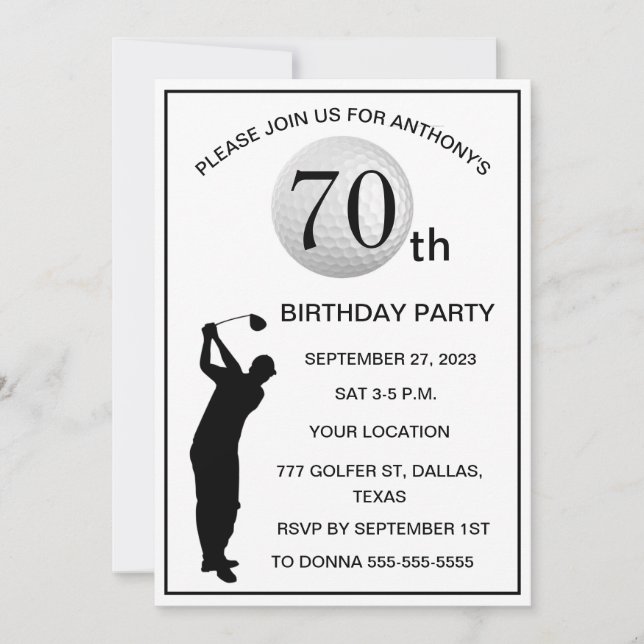 70th Birthday Party Golfer Black Par Dad Golf Invitation (Front)