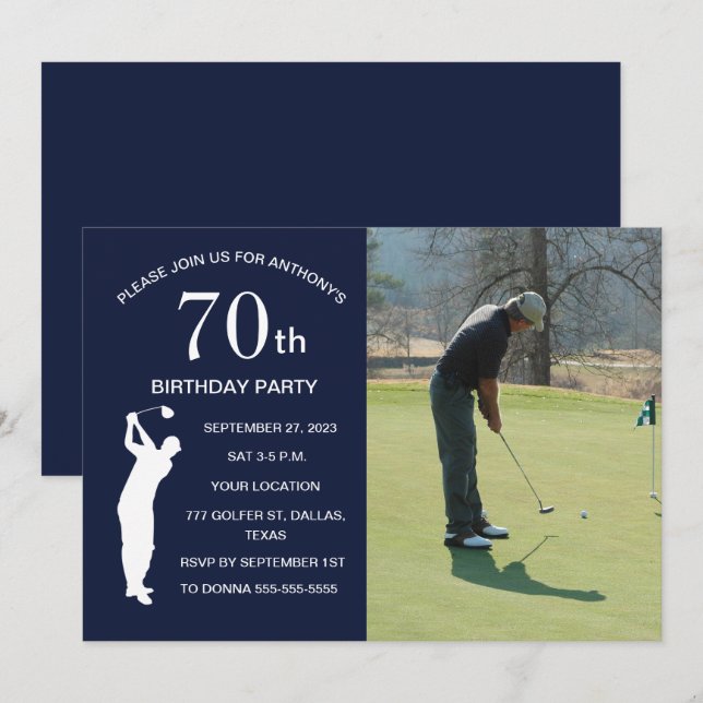 70th Birthday Party Golfer Blue Par Golf Photo Invitation (Front/Back)