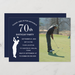 70th Birthday Party Golfer Blue Par Golf Photo Invitation