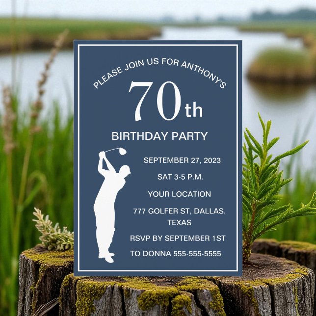 70th Birthday Party Golfer Navy Blue Par Dad Golf Invitation (Creator Uploaded)