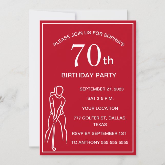 70th Birthday Party Golfer Red Ladies Golf Par Invitation (Front)