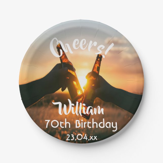70th birthday party guys cheers beer paper plate (Front)
