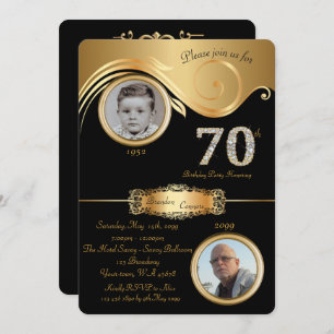 70th Birthday Party Invitation, Black and Gold Invitation