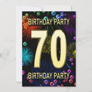 70th Birthday Party Invitation Fireworks Bubbles