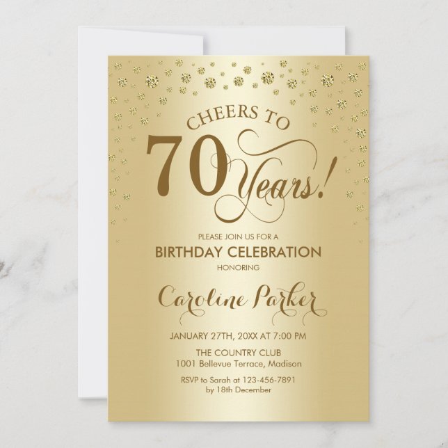70th Birthday Party Invitation - Gold (Front)
