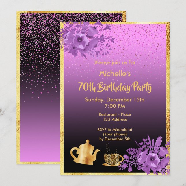 70th birthday party invitation gold black purple (Front/Back)