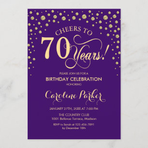 70th Birthday Party Invitation - Gold Purple