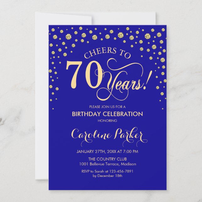 70th Birthday Party Invitation - Gold Royal Blue (Front)