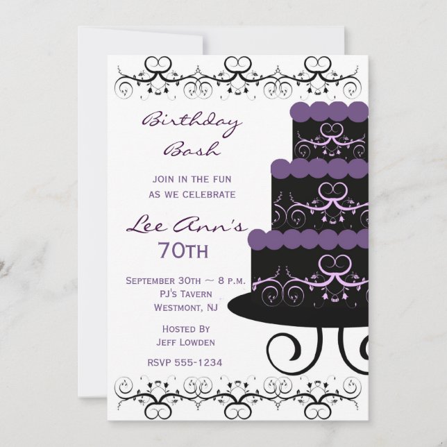70th Birthday Party Invitations In Purple Swirl (Front)