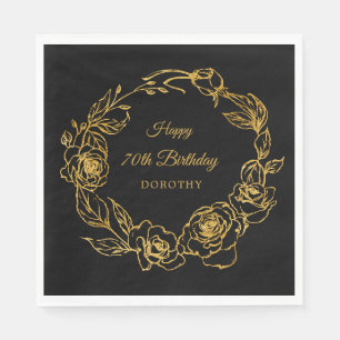 70th Birthday Party Luxe Gold Rose Black Cocktail Napkin