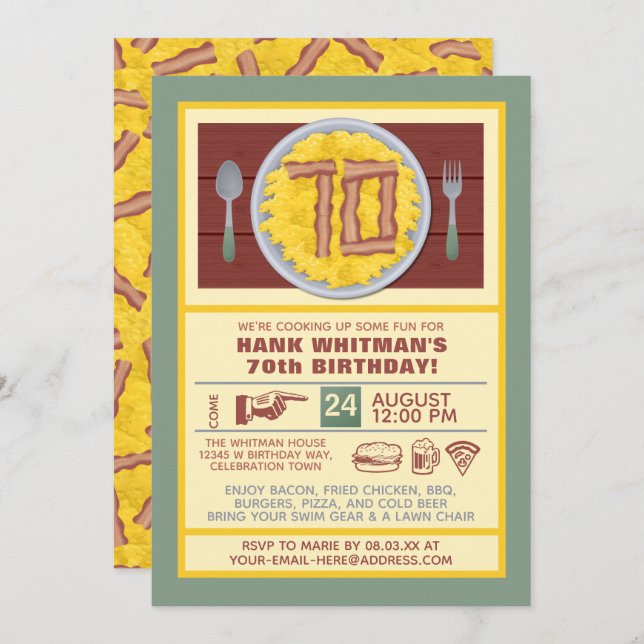 70th Birthday Party Mens Funny Bacon Eggs Theme Invitation (Front/Back)